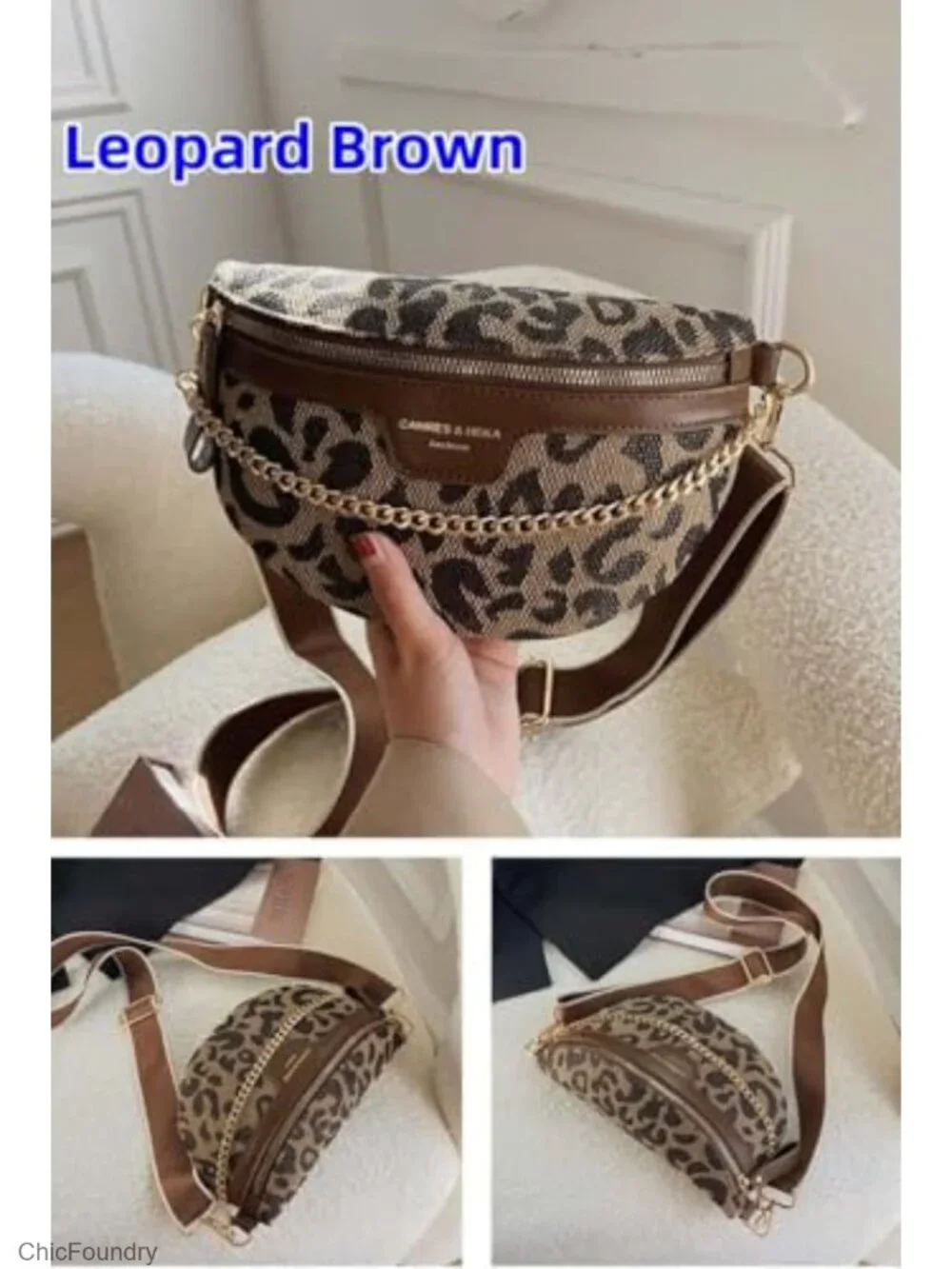 Trendy Leopard Pattern Leather Fanny Pack Crossbody Bag Sling Chest Bag with